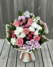 Букет цветов из:  Альстромерии, Гвоздики, Розы и Хризантемы в Дмитриевском Республики Адыгея