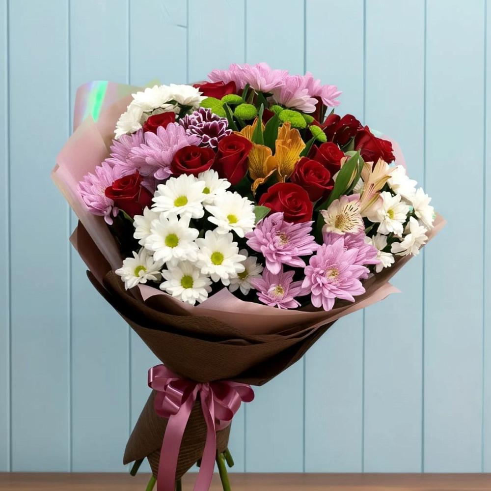 Букет цветов из: Розы, Хризантемы и Альстромерии в Дмитриевском Республики Адыгея